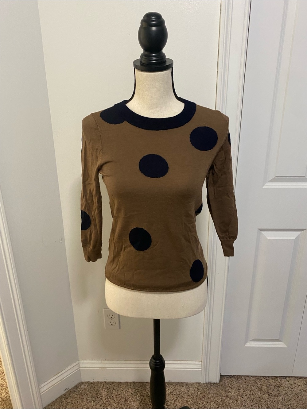 J. Crew Brown Merino Knit Top with Black Polka Dots